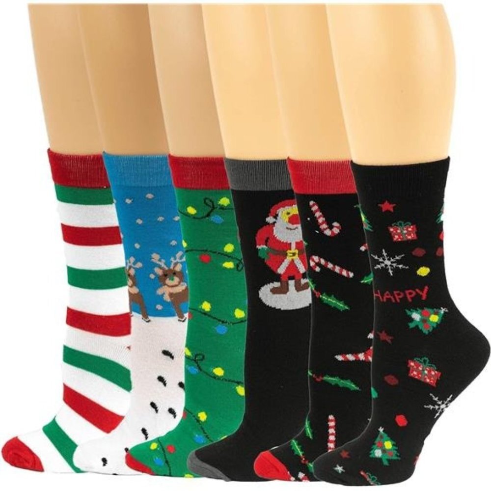 Women Stretchy Novelty Crew Colorful Fancy Crazy Design Soft Socks 6 Pairs